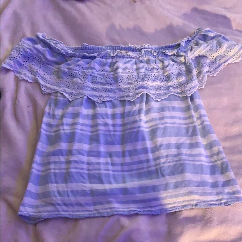 White and blue off the shoulder blouse